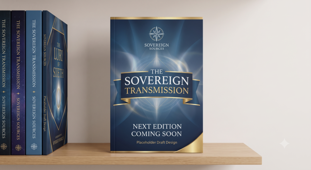 Book cover placeholder for The Sovereign Transmission featuring a blue and gold design with the Sovereign Sources logo and text reading Next Edition Coming Soon.