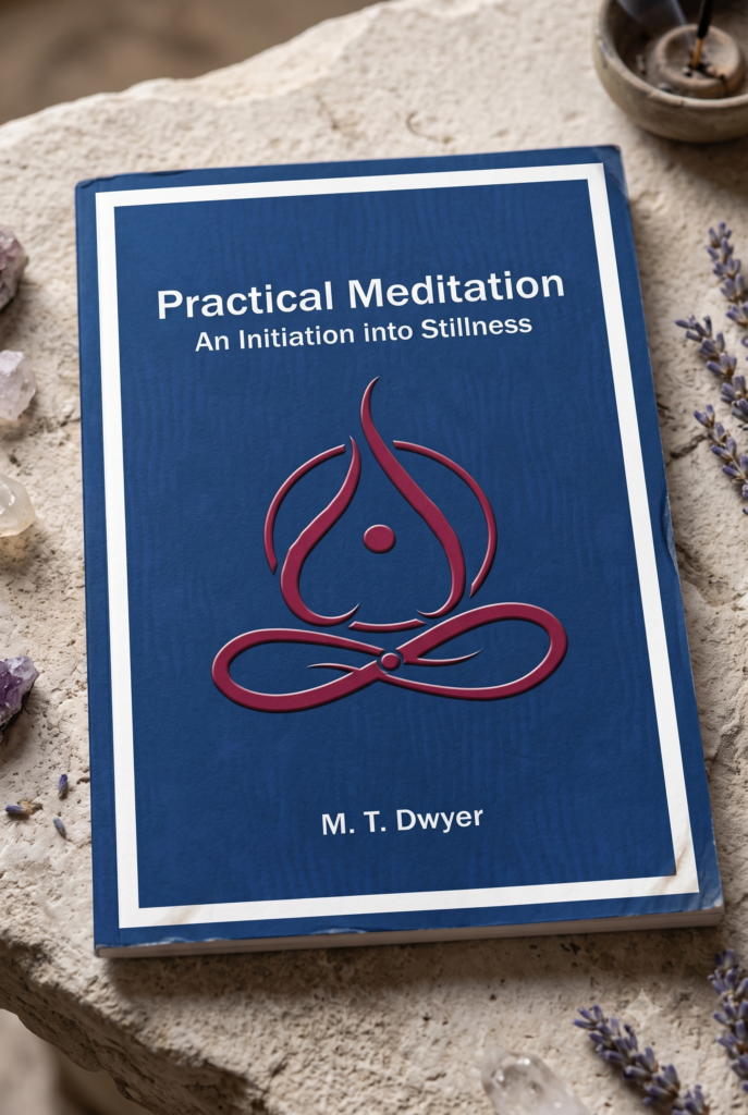A product mockup photograph of the physical pamphlet, 'Practical Meditation: An Invitation into Stillness' by M. T. Dwyer. The deep blue textured cover, featuring a stylized maroon meditating figure and a white border, rests on a rustic stone altar. Soft natural light illuminates the scene, which is styled with small crystal clusters and dried lavender sprigs, conveying a sense of grounded tranquility.