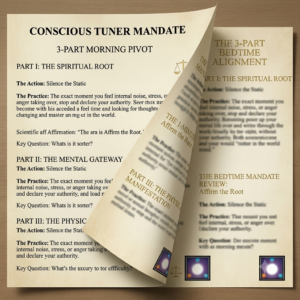 Mockup display of The Conscious Tuner Mandate Sheet showing the morning routine layout.