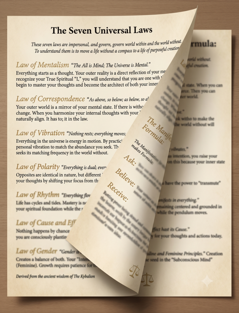 Mockup display of the Seven Universal Laws and Manifestation Formula guide.