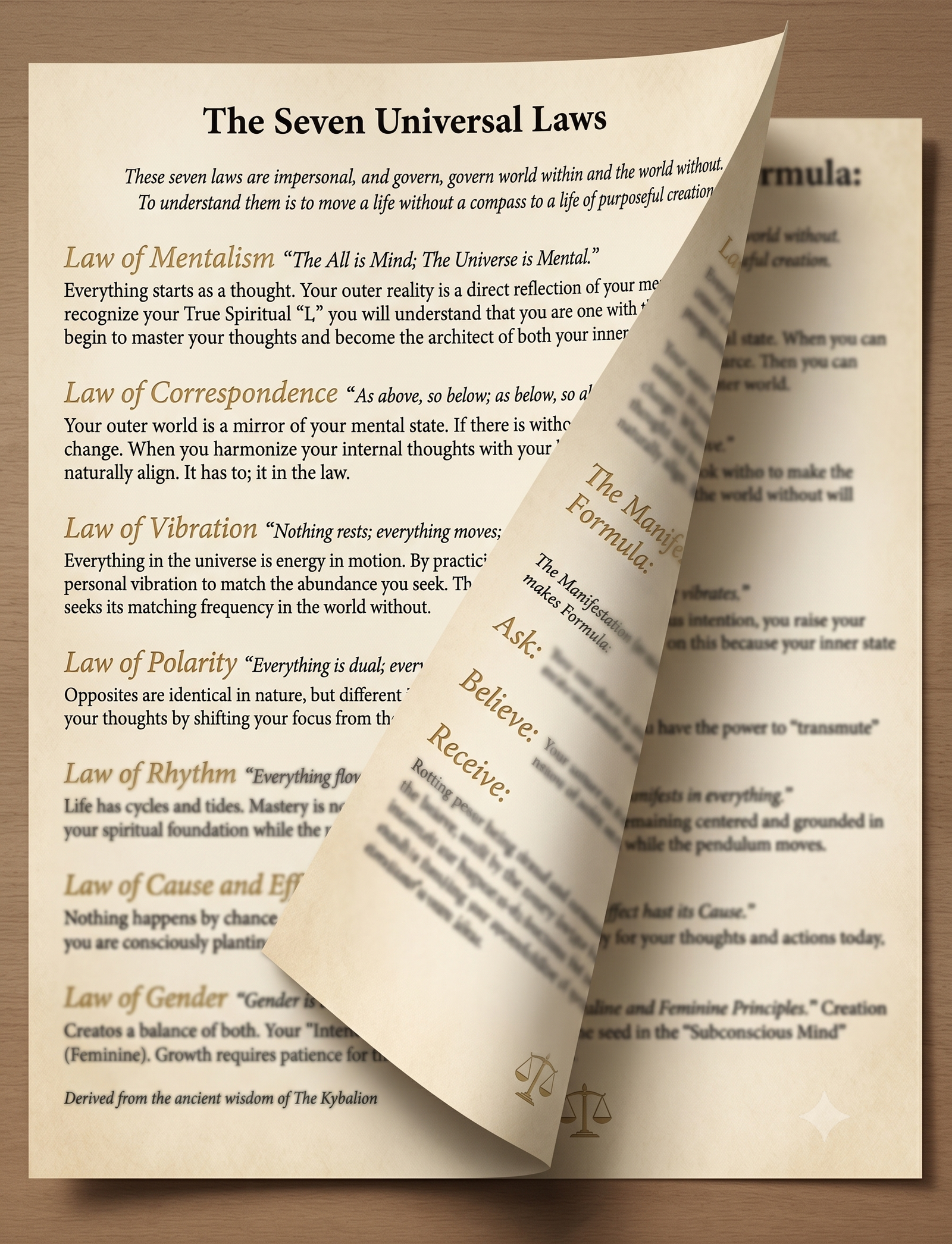 Mockup display of the Seven Universal Laws and Manifestation Formula guide.